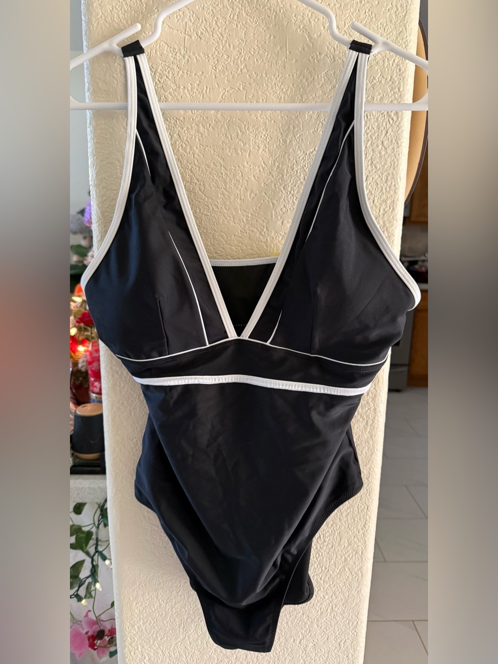 Black One-Piece Swimsuit with White Trim ( Large )  NWOT